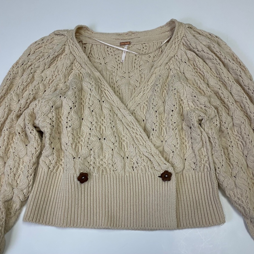 Free People Cream Pointelle Cable Knit Wrap Cardigan XS Puff Sleeve Cropped - Picture 7 of 14